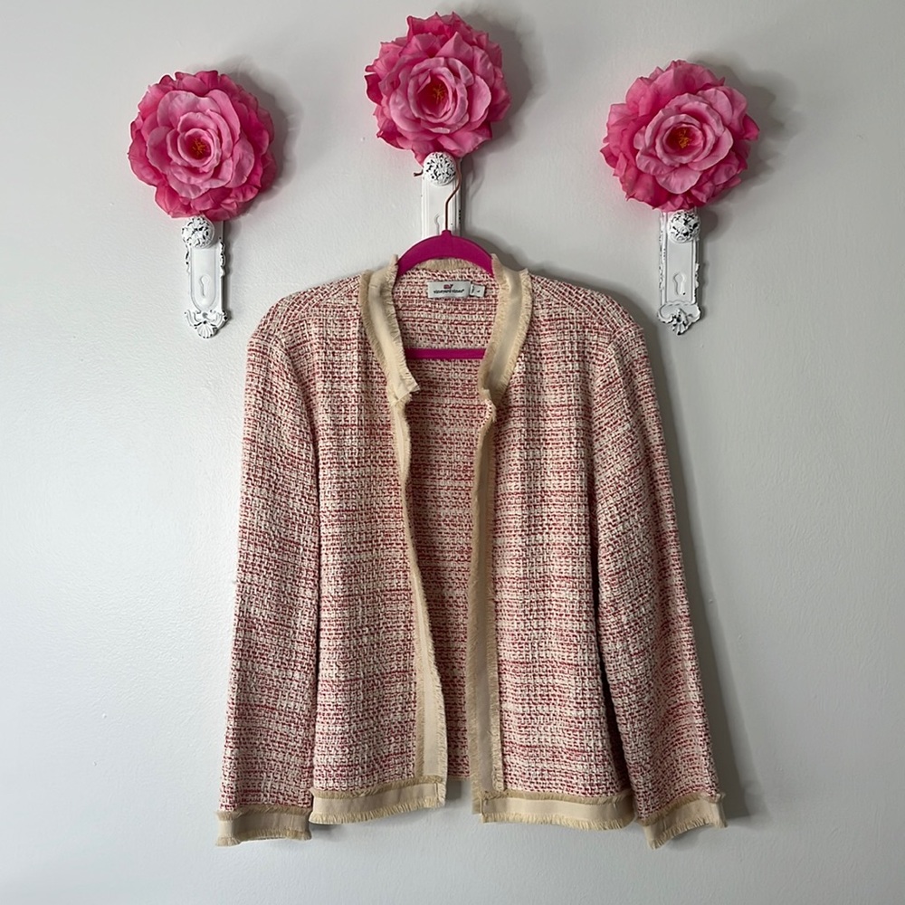 Vineyard Vines Pink & Tan Tweed Textured Fringe Jacket, Size Large.